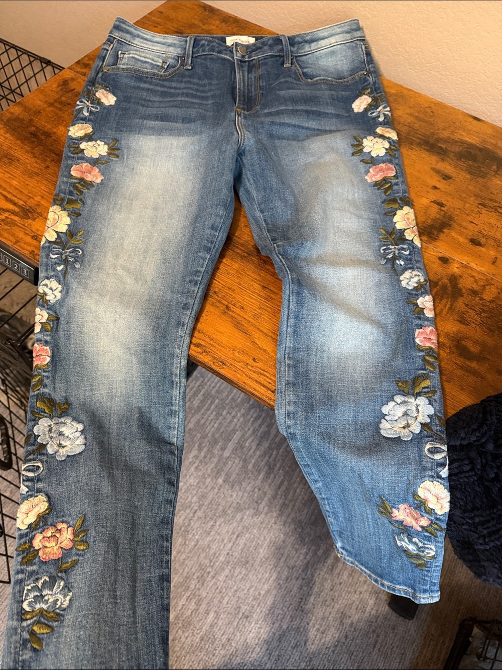 DRIFTWOOD Blue Denim Skinny Jeans with Floral Side Embroidery